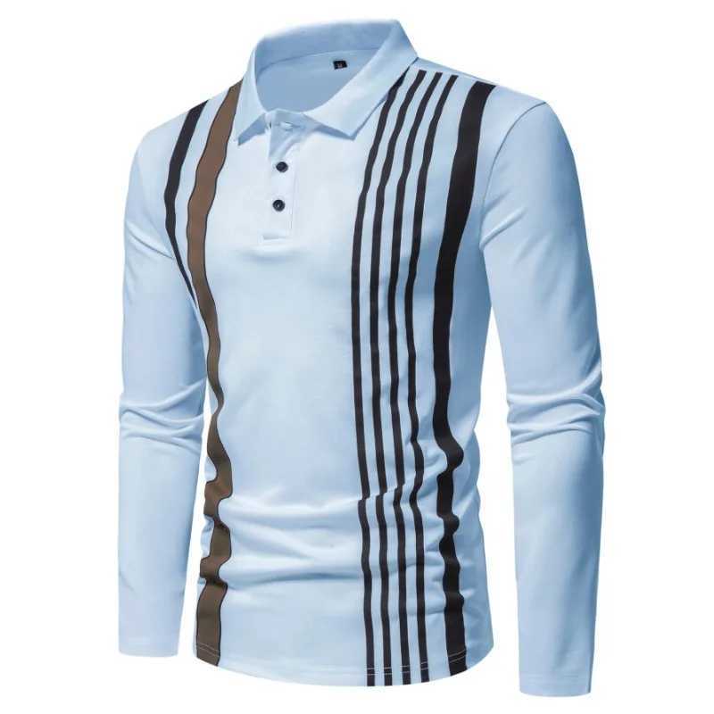 Autumn New Solid Stripe Design Polo Collar Mens Long Sleeve ShirtX240920