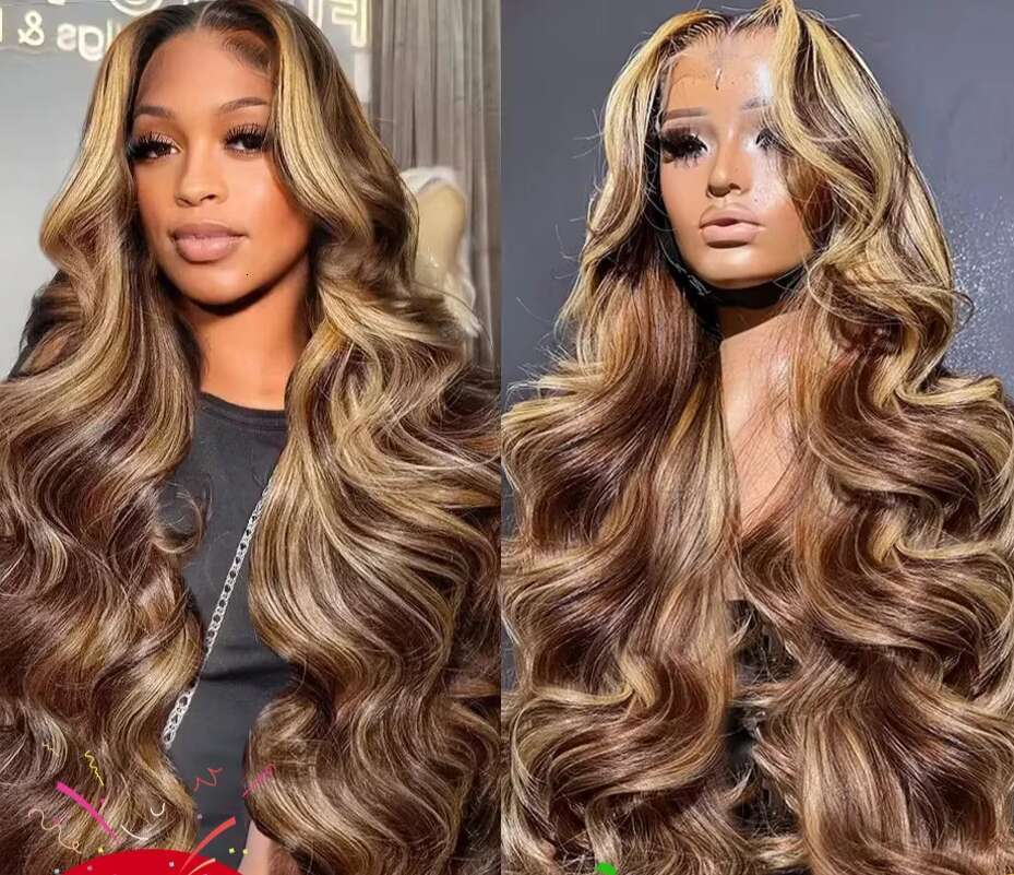 250 Density 4/27 Highlight Ombre 13x6 HD Frontal Wig Body Wave Human Hair 13x4 Lace Front Wigs 28 30 32Inch Brazilian Brown