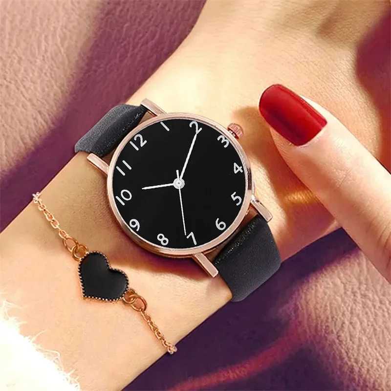 2pcs 2024 New Watch Women Fashion Casual Leather Belt Watches Simple Ladies Round Dial Quartz Wristwatches Reloj MujerX240920