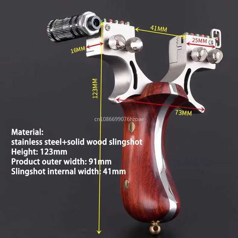 The solid wood handle is made of stainless steel material slingshot which can quickly compress outdoor professional hunting and shooting slingshot W24
