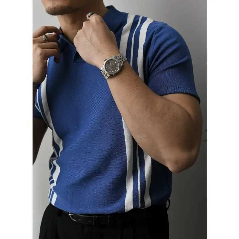 Mens Summer Polo Shirt American Style Vintage Casual T-shirt Knit Striped Color Block Short Sleeves Lifestyle ClothingX240920