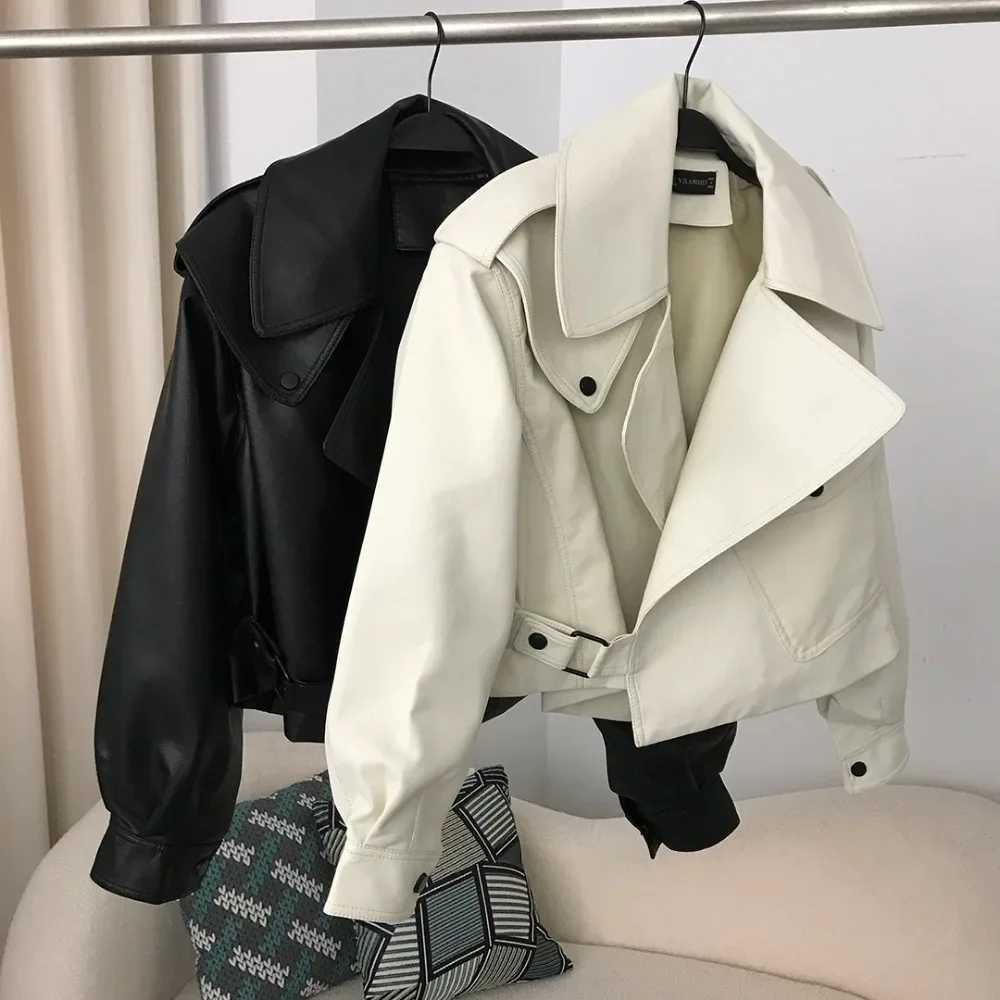 2024 Turn down Collar New PU Faux Leather Jacket American style Spring Women Biker Coat Motorcycle Loose Streetwear OuterwearX240919