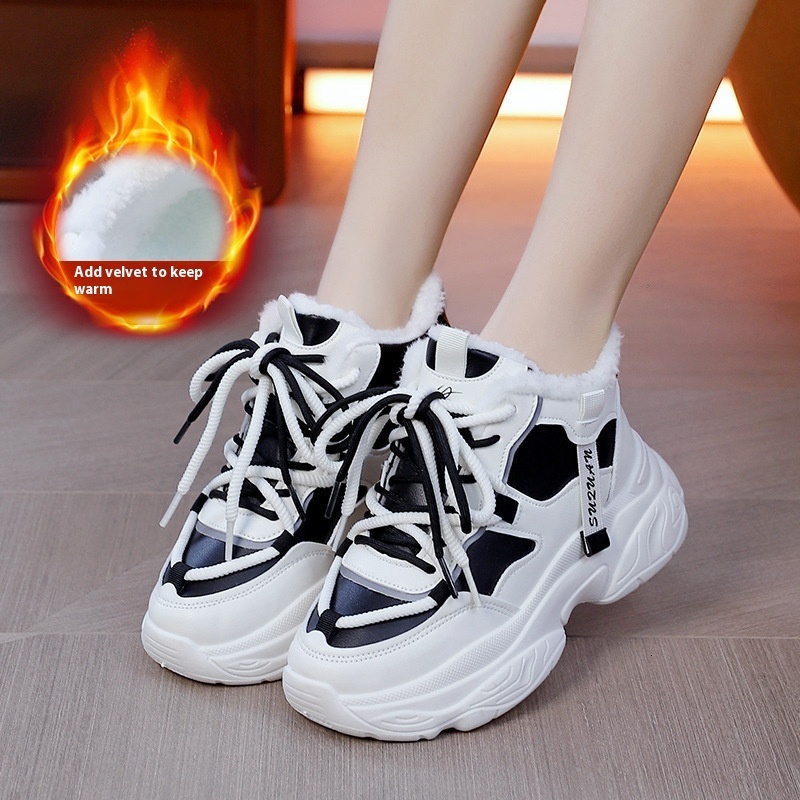 High top cotton for women's winter new style with added velvet insulation thick sole dad casual sports versatile trendy shoes K5013