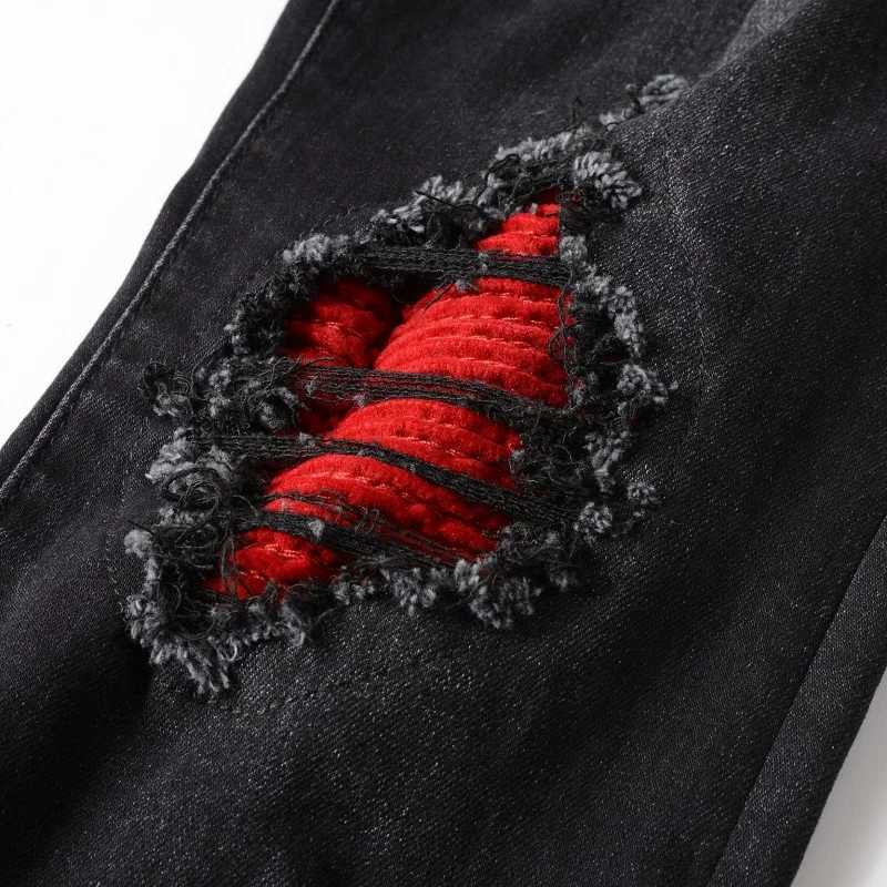 U. Drip irrigated mens Distressed jeans from the United States featuring tight elastic holes red ribbed patches and ripped jeans CL240912