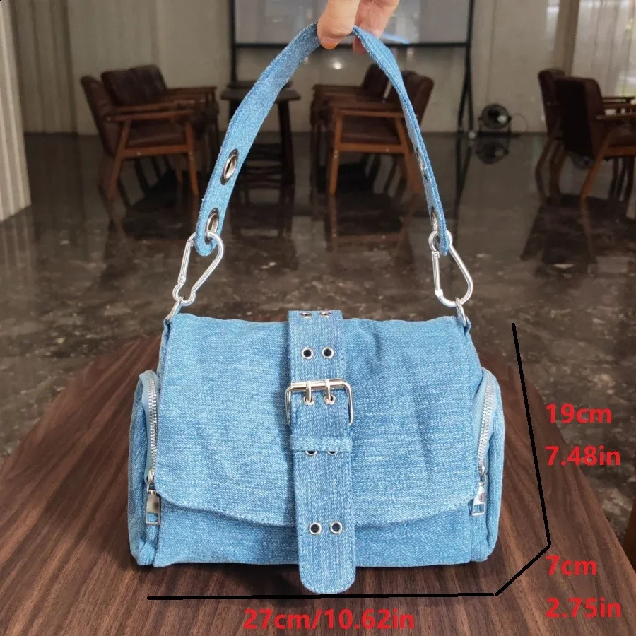Fashion Rivet Womens Axle Bag n Handbag Lightweight Blue Denim Shoulder Cross 240919