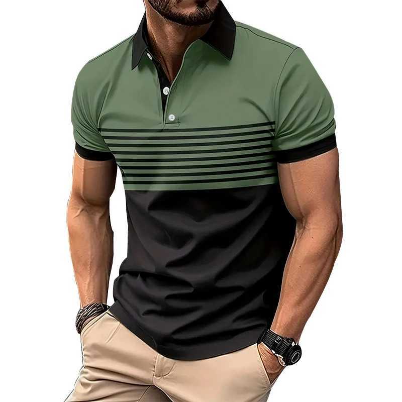 New Summer Men Casual Short Sleeve Lapel Business Polo Shirt 3D Digital Print Stripe Polo Shirt Sport Button Pullover TopsX240920