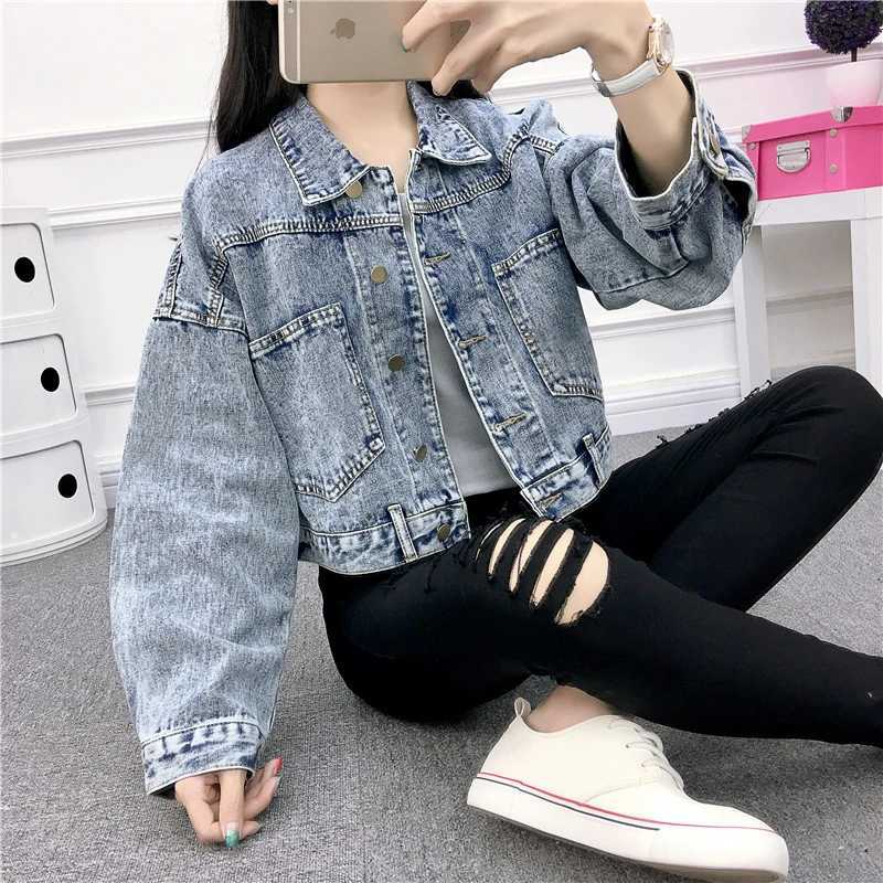 Jean Jacket for Women Spring Autumn New Korean Bat Sleeved Short Top Loose BF Style Student Fashion Turn-down Collar Denim CoatX240920