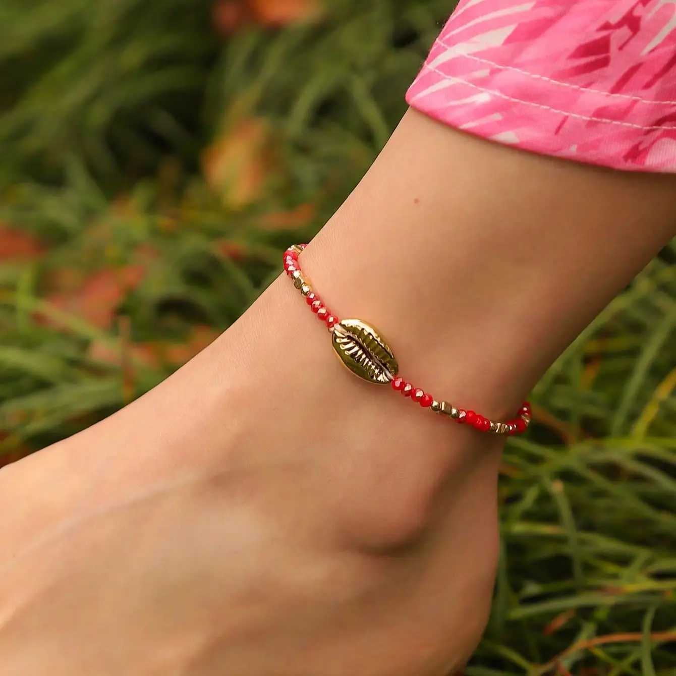 1 Seaside Beach Style String Color Bead Crystal Shell Ankle Anklet Womens All-match Leisure Travel Party Simple Body Gold Y240920