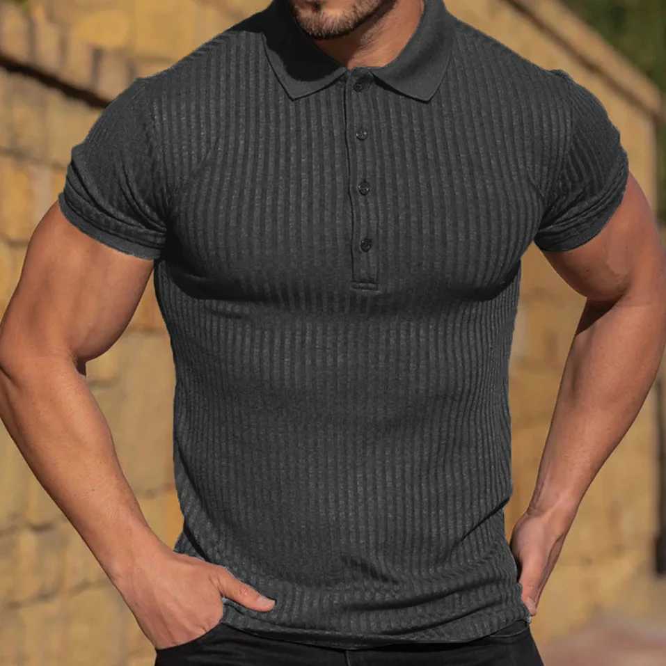 New Summer Mens Pole Solid Color Striped Fitness Short Sleeve Polo Shirt Mens Fashion Stand Collar Mens Shirt TextureXJ240920