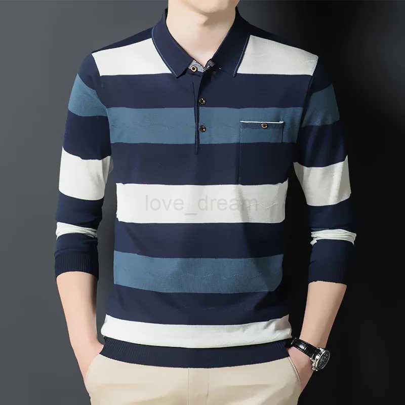 Autumn Winter Polo New Mens Clothing Loose Striped Long Sleeve Tees Turn-down Collar Shirt Business Casual Fashion Pockets TopsXJ240920