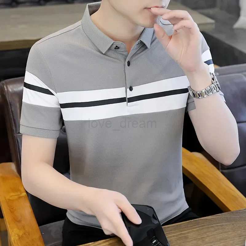 Men Short Sleeved T-shirt Summer Korean Slim Lapel Collar Stripe Contrasting Colors Patchwork Comfortable Commuting Polo ShirtXJ240920