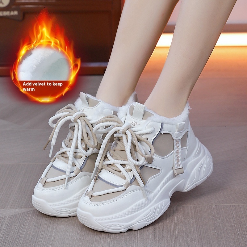 High top cotton for women's winter new style with added velvet insulation thick sole dad casual sports versatile trendy shoes K5013