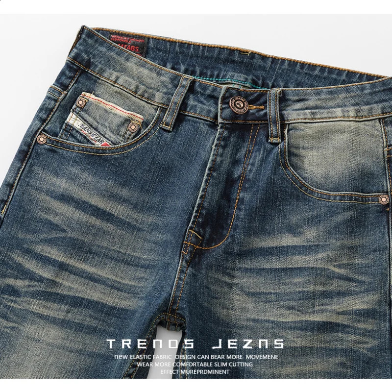 Retro Blue Mens Jeans Washed Full Match Street Smart Trouser Pencil Pants Casual Trend 240913