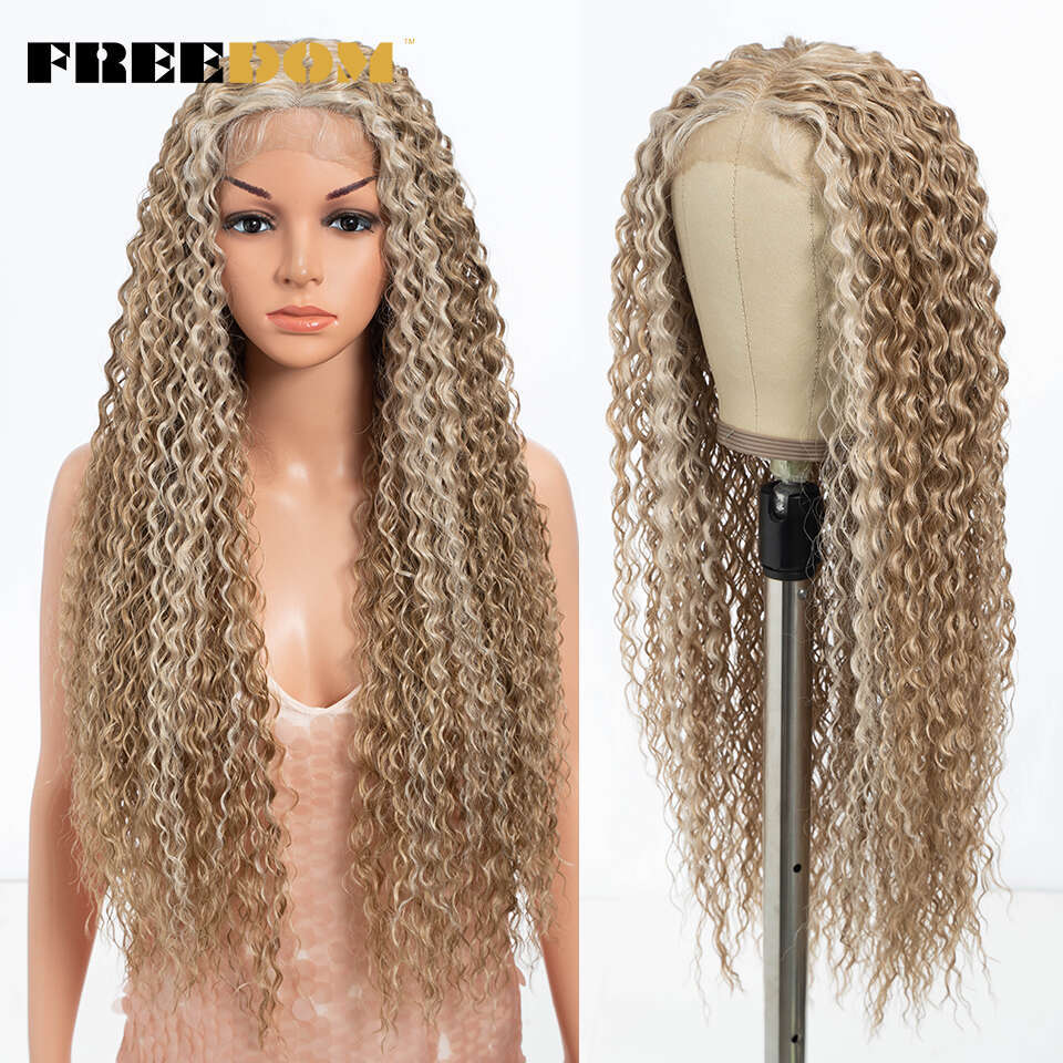 FREEDOM Front For Black Women 30 Inch Long Curly Ombre Blonde Highlight Lace Wig Synthetic Cosplay Wigs