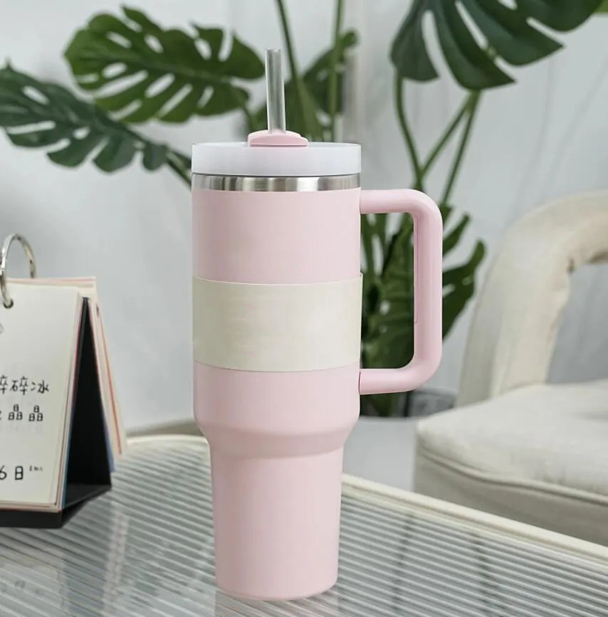 Black Chroma 40oz Stainless Steel Tumblers Cups with Silicone handle Lid And Straw Travel Car mugs Keep Drinking Cold Water Bottles Winter Pink