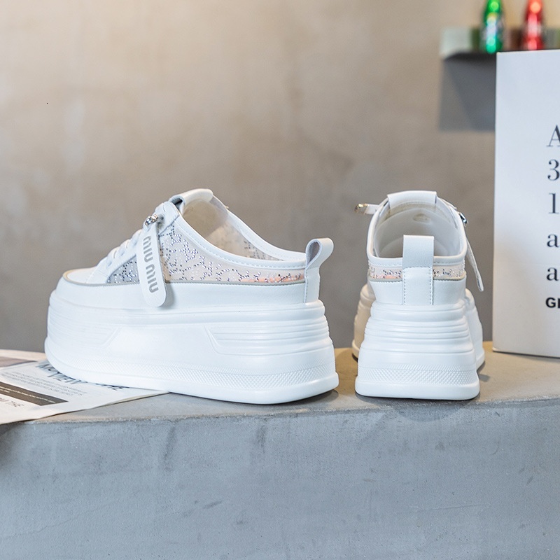 Heightened Baotou Half Slippers for Women Wearing Size 34 High Heels, 2024 Summer New Thick Sole, Small stature, 8cm Mesh Sier K