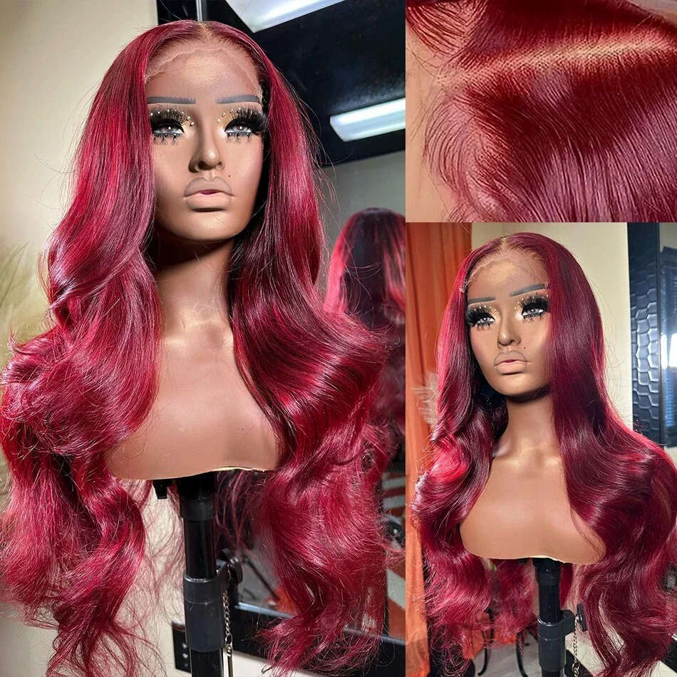 250 Density 99J Bury Body Wave HD 13x6 Frontal Wig 13x4 Human Hair 30 40 Inch Lace Front wig Wine Red Colored Brazilian