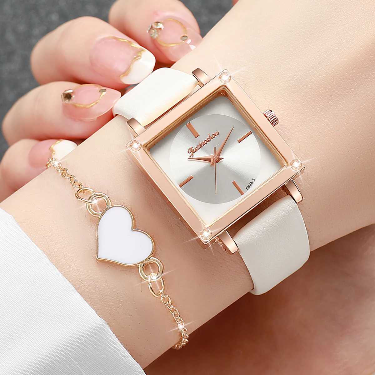 2pcs/set Women Leather Strap Aquare Dial Quartz Watch with Heart-shaped BraceletX240920