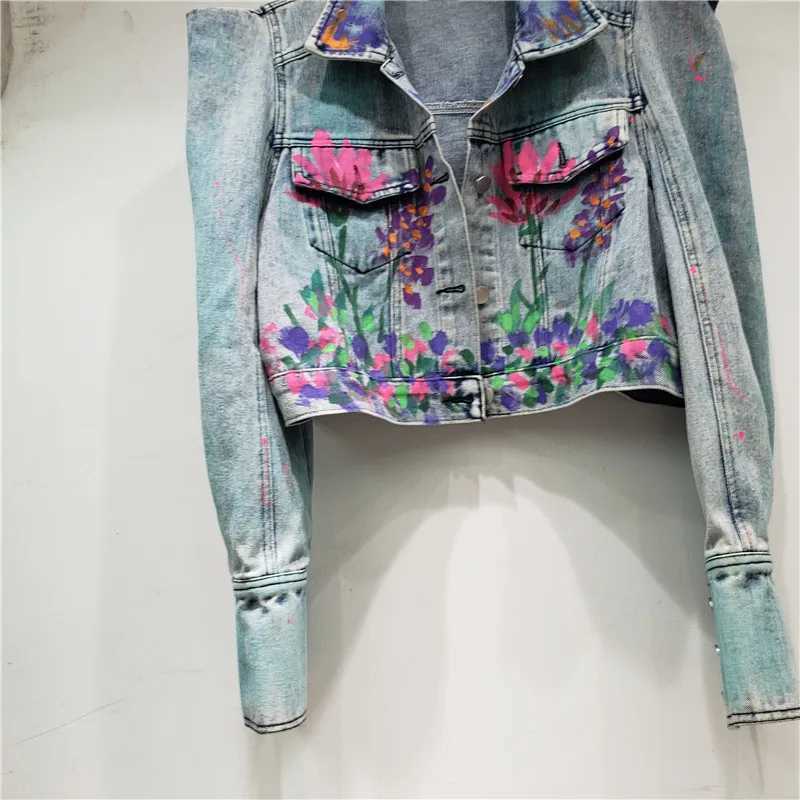 Streetwear Fashion Hand-painted Flower Graffiti Printing Short Denim Jacket Spring Autumn Women Lapel Long Sleeve Jeans JacketX240920