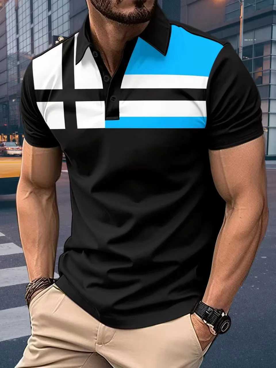 Mens Short-Sleeved Polo Shirt Lapel Polyester Button Stripe Breathable Shirt Business Casual Fashion SummerX240920