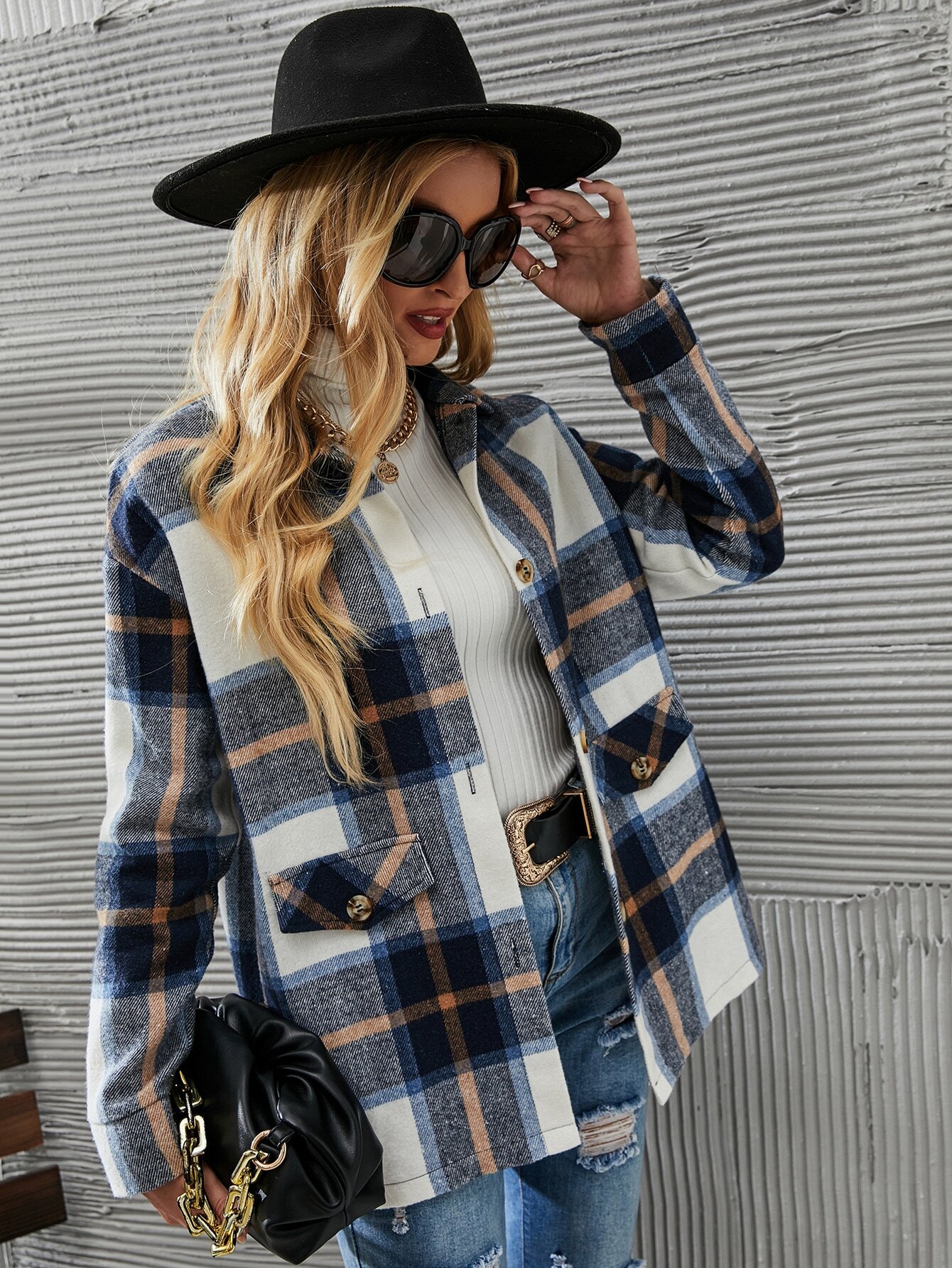 European American cross-border women's fashionable and elegant plaid printed button coat