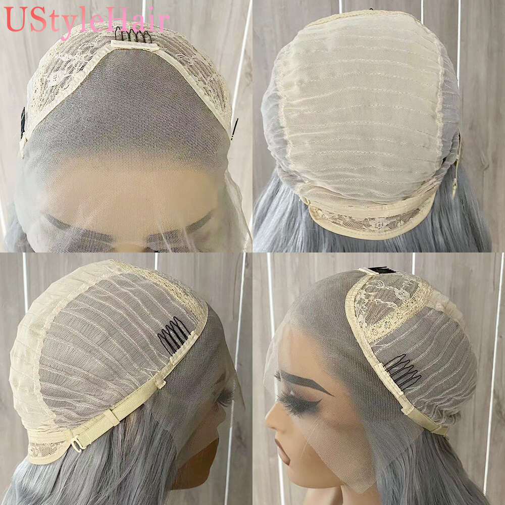 Ustylehair Sier Wave Synthetic Bob Lace Front Wig Natural Haire 613 Blonde /Light Grey/Blue Short Hair