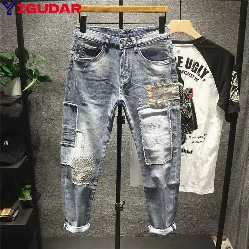 Fashionable mens jeans retro blue elastic slim fit patchwork torn jeans mens decal pocket hip-hop pants Y2K trousers X2410261