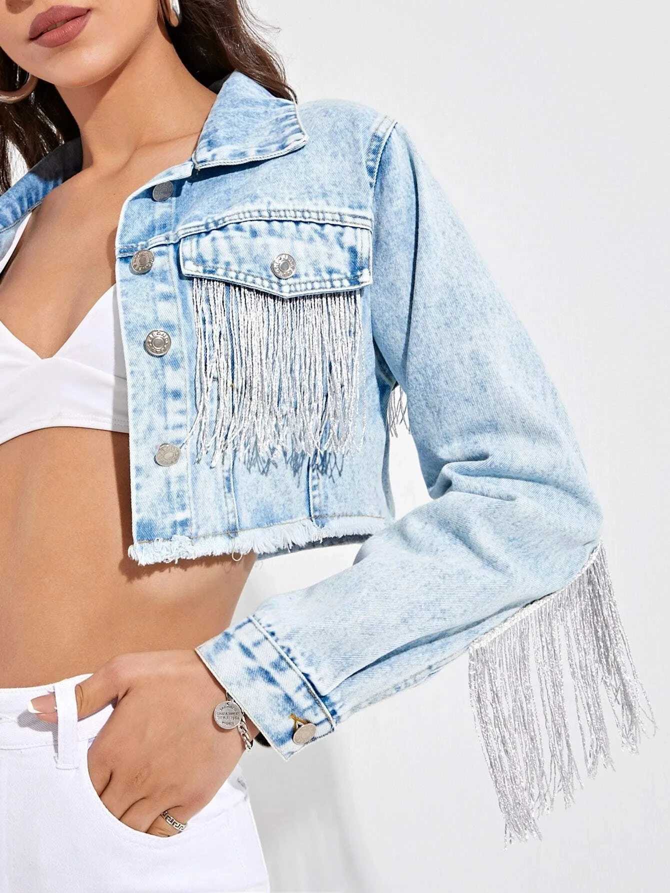 Womens Fringe Jacket Tassel Cropped Denim Jacket Raw Hem Ripped Crop Jean JacketsX240920