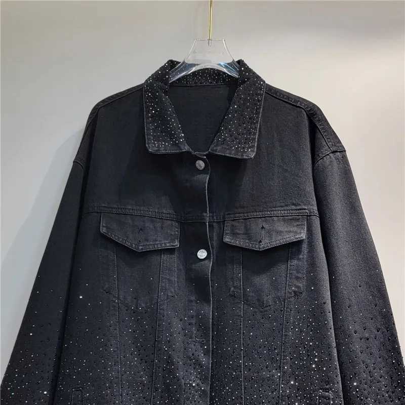 DEAT Women Denim Coat Turn-down Collar Full Diamonds Hot Rhinestone Black Loose Single Breasted Jackets 2024 Autumn New FashionX240920