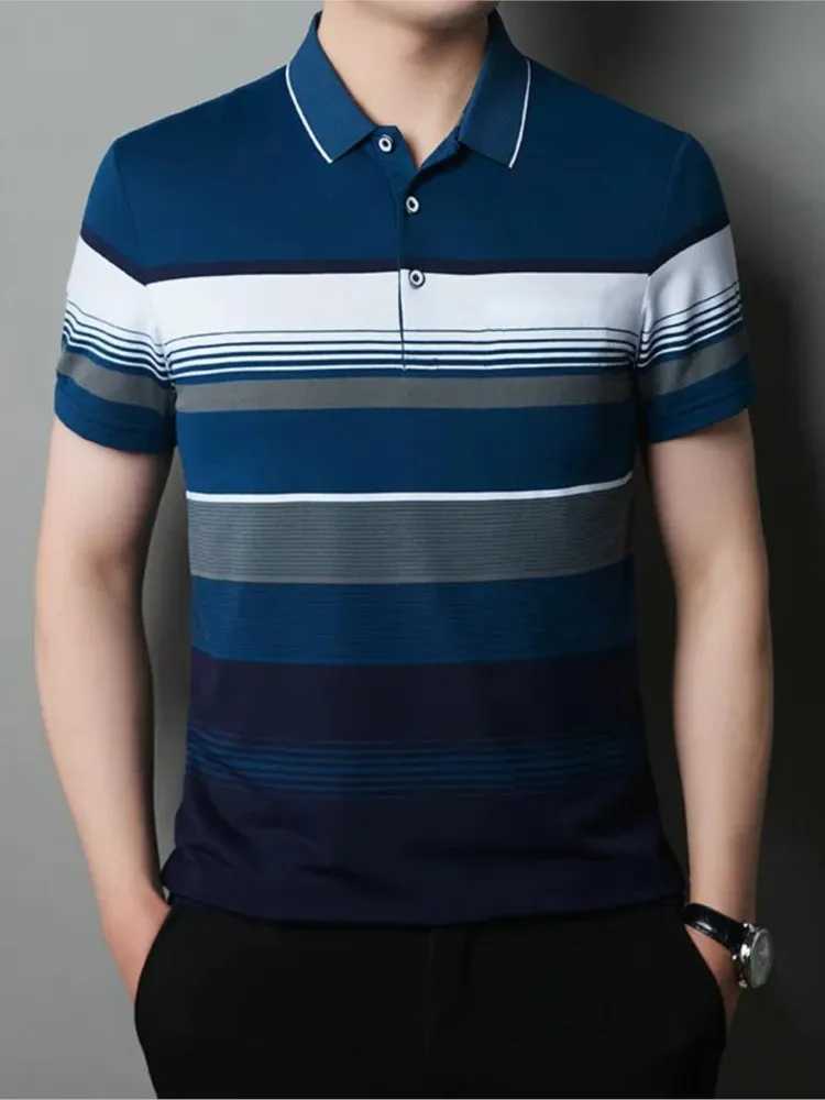 Mens Polo Shirts Korea Man Golf Shirts Summer Striped Print Button Clothing Business Style Male Streetwear Short SleeveX240920