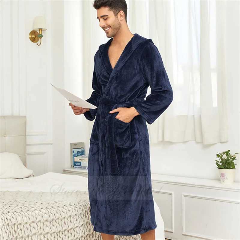Winter Thicken Flannel Mens Long Robe Hooded Kimono Bathrobe Gown Warm Coral Fleece Sleepwear Lounge Wear Loose Home Clothes Y240919