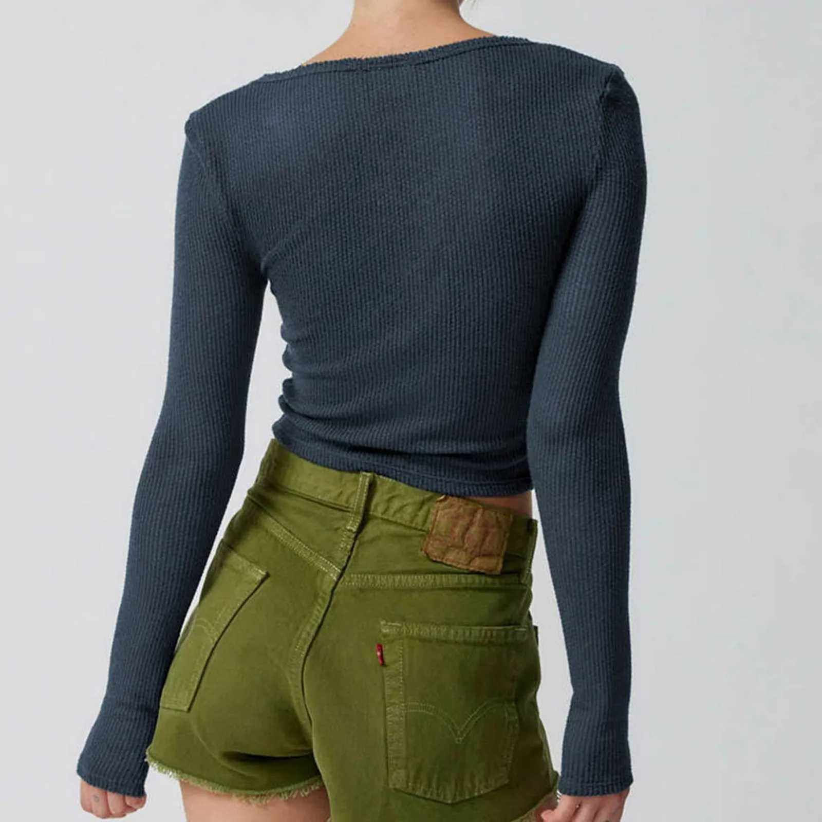 Solid Color Ribbed Slim Fit T Shirt Womens Small V Neck Y 2k Long Sleeve Tee Shirt Sexy Knitted Casual Cropped Tops Tee M240920