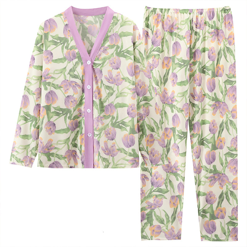 2024 new sleepwear women's cardigan spring and autumn long sleeved pants instamu home wear