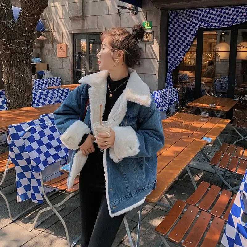 Ladies Denim Clothes Winter Add Velvet Thicken Imitate Lamb Hair Womens Jacket Same Style For Men And Women Couple OutfitX240920