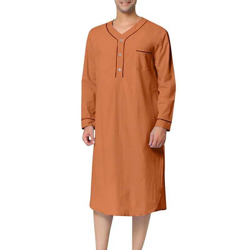 Mens Casual Long Sleeve V-neck Pajamas Fashion Homewear Loose Fit Solid Color Premium Pajamas Nightgown 2024 New Y240919