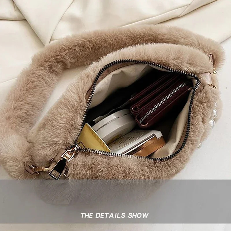 2025NEW Winter High Quality Plush Bags Fashion Versatile Zipper Shoulder Natural Pearl fashion trend Chain Underarm Bag Women Handbags fashion Beige B