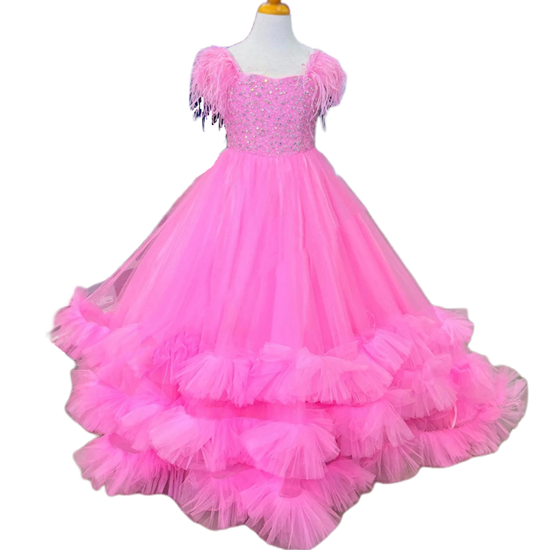 Princess Girls Pageant Dresses Crystals Beaded Feather Sleeves Ruffles Floor Length Puffy Pink Tulle Birthday Party Formal Wear For Kids 2025 Wedding 