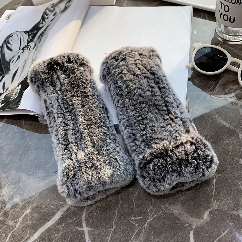 Winter Real Fur Golve Women Outdoor Warm 100% Real Rex Rabbit Fur Gloves Knit Thick Natural Soft Rex Rabbit Fur Mittens 240914