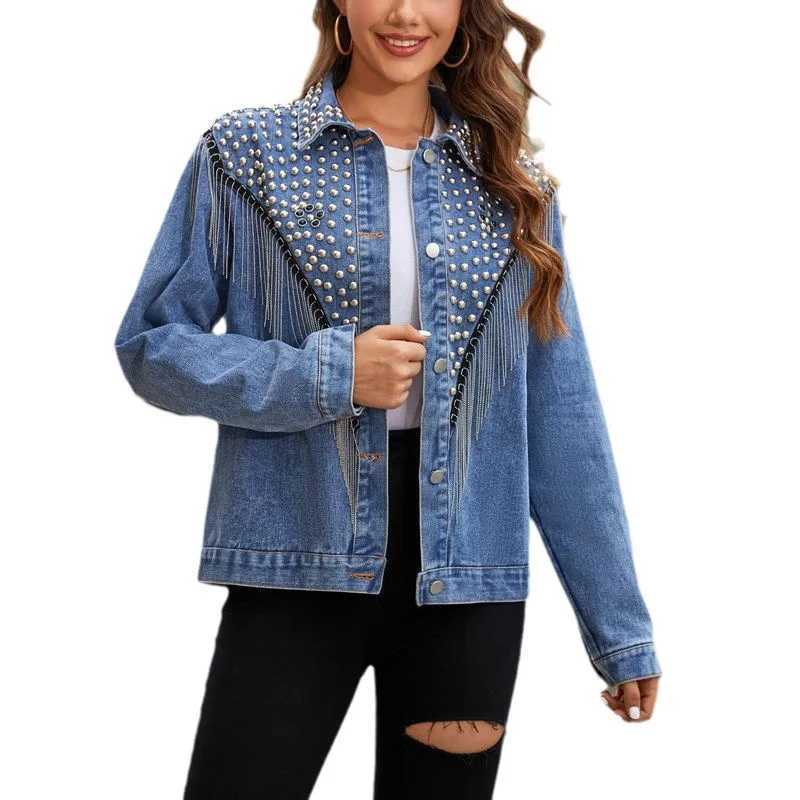 Hand-studded Rivet Tassel Women Denim Jacket Overcoat Female Jeans Jacket Loose Coats 2023 New Autumn OutwearX240920