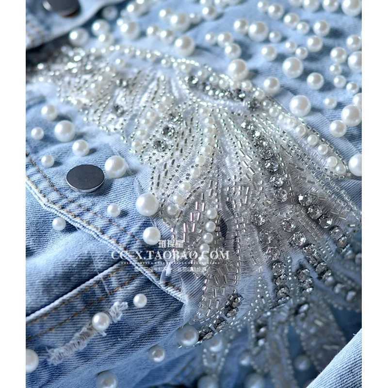 Spring Women Pearls Beaded Denim Coat Lace Floral Embroidered Jeans Jacket Short Cowboy Cardigan Streetwear Tops Jaqueta 2023X240920