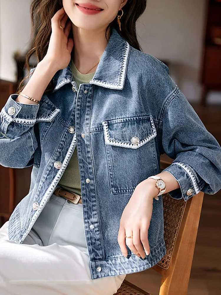 Women Vintage Lapel Loose Denim Jackets Korean Fashion Long Sleeve Jean Coats Spring Fall Casual Single Breasted Abrigos TopsX240920