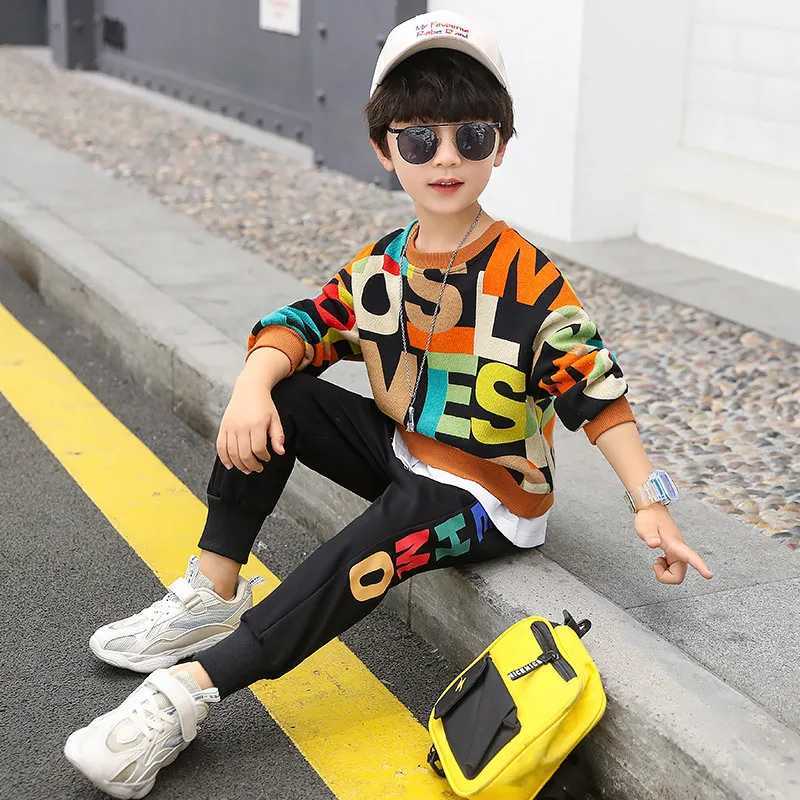 Spring Boys Suit Children Fashion Clothes Set Baby Kids Autumn Cotton Printing Long Sleeved Top Long Pants Teen Boys Tracksuit M240920