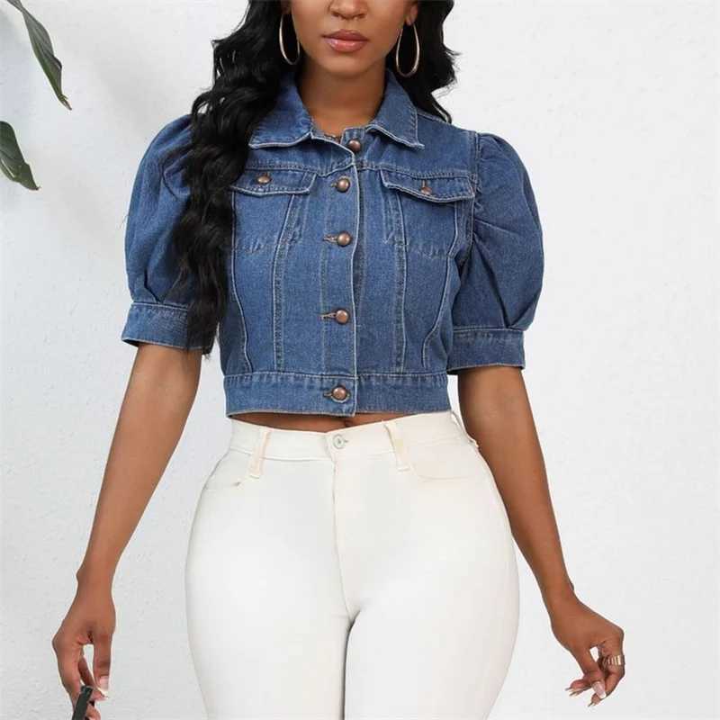 Women New Lapel Single Breasted Cardigan Denim Short Jacket Bubble Sleeve Outerwear Summer Casual Female Coat Stylish StreetwearX240920
