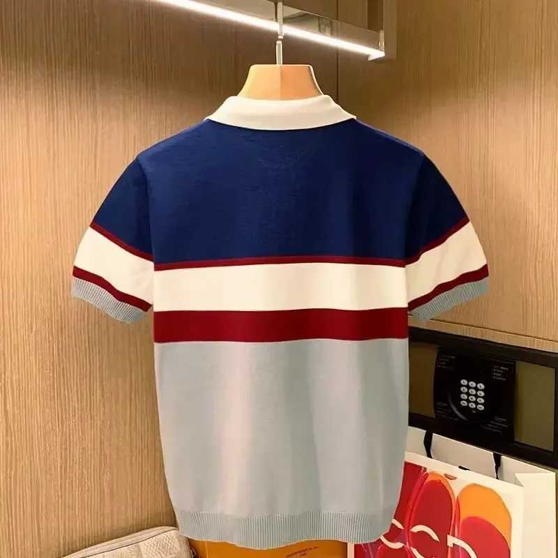 New Summer Mens Polo Shirt Lapelpolo Cotton Line Color Block Striped Collar T-shirt Short Sleeves Korean Fashion LightweightX240920