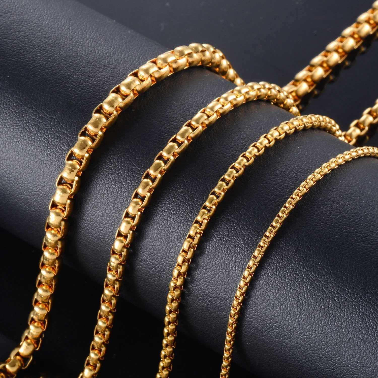 High Quality Stainless Steel Gold Color Round Box Necklace Square Pearl Chain 2/3/4/5mm Men and Women Jewelry WholesaleX240919