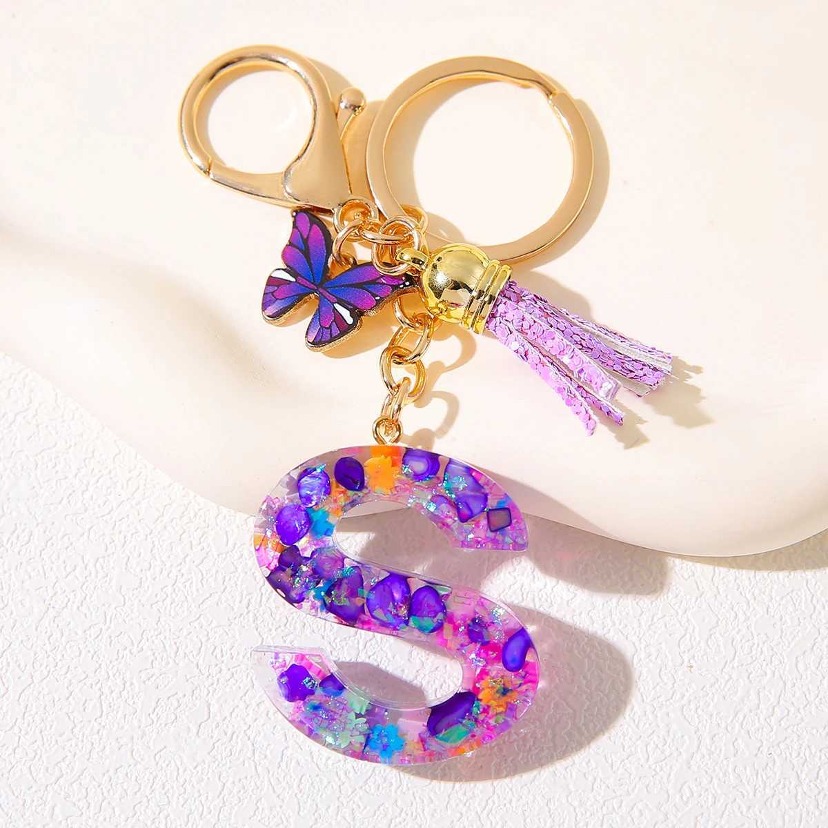 Alphabet Initial Keychain With Purple Charm And Tassel Resin Letter Pendant Alloy Lobster Clasp Womens Backpack AccessoryX240919