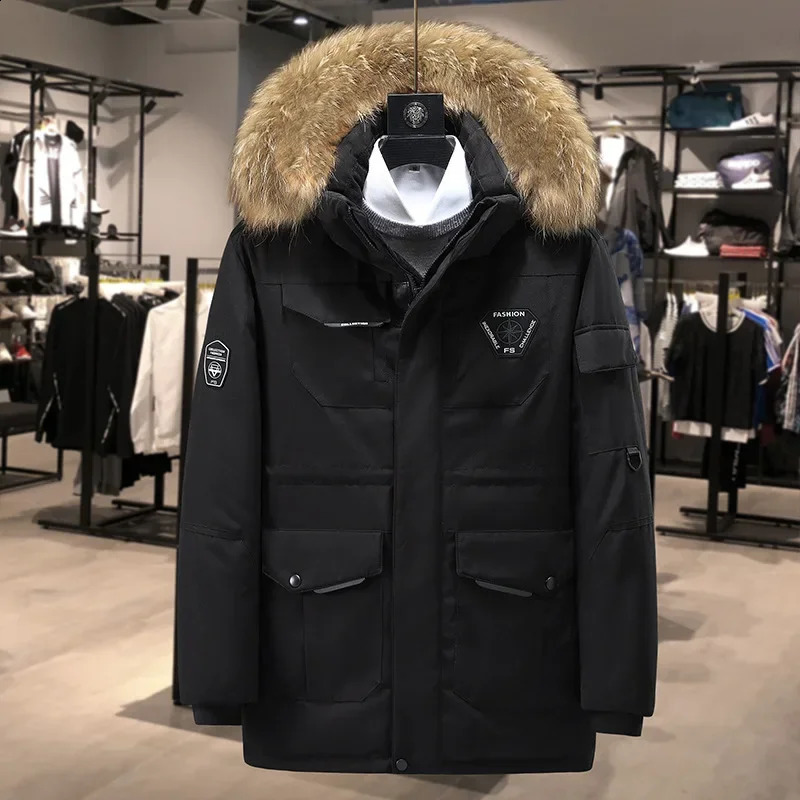 Mens Ultimate Winter Parka -30°C Warmth 90% White Duck Down Thickened Mid-Length Coat with Large Real Fur Collar Overcoat 240909