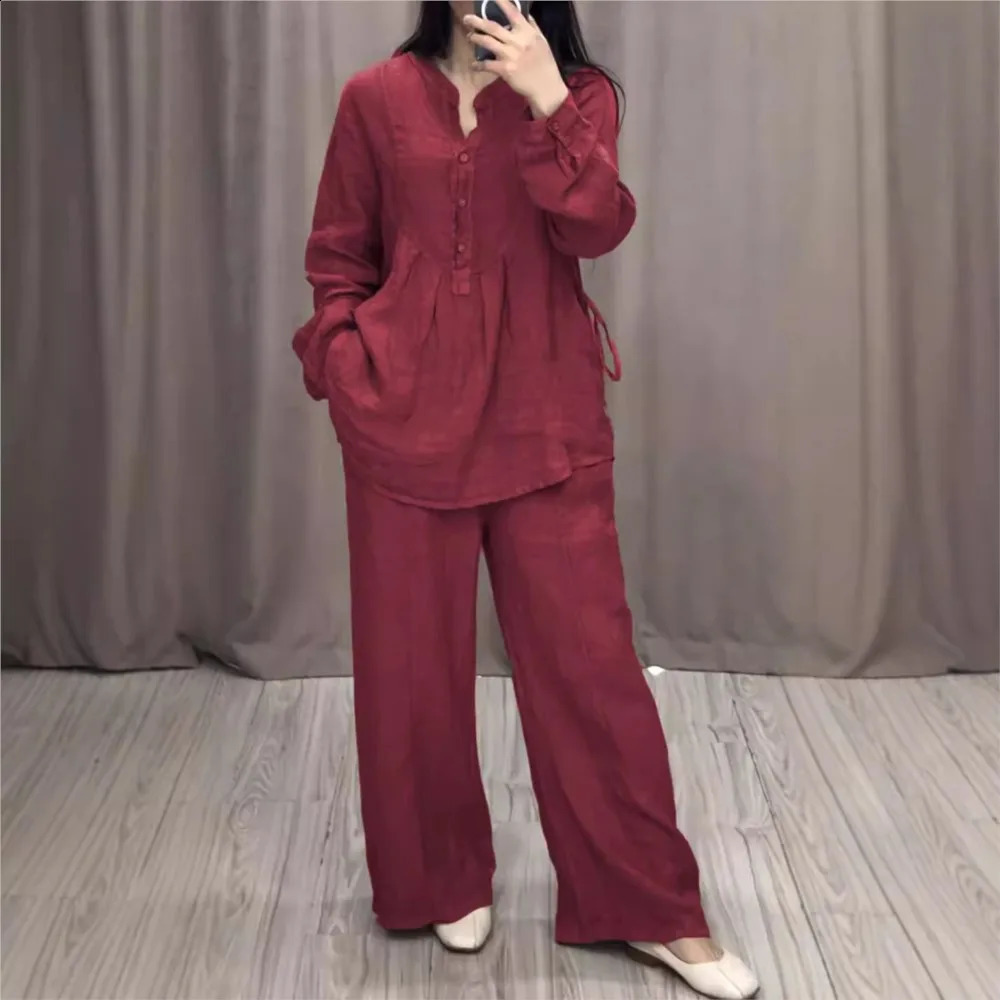 Autumn Fashion Cotton Linen Long Sleeve Half Open Shirt For Womens Suit Casual Pleated Elegant Female Wide Leg Pants 2piece Set 240914
