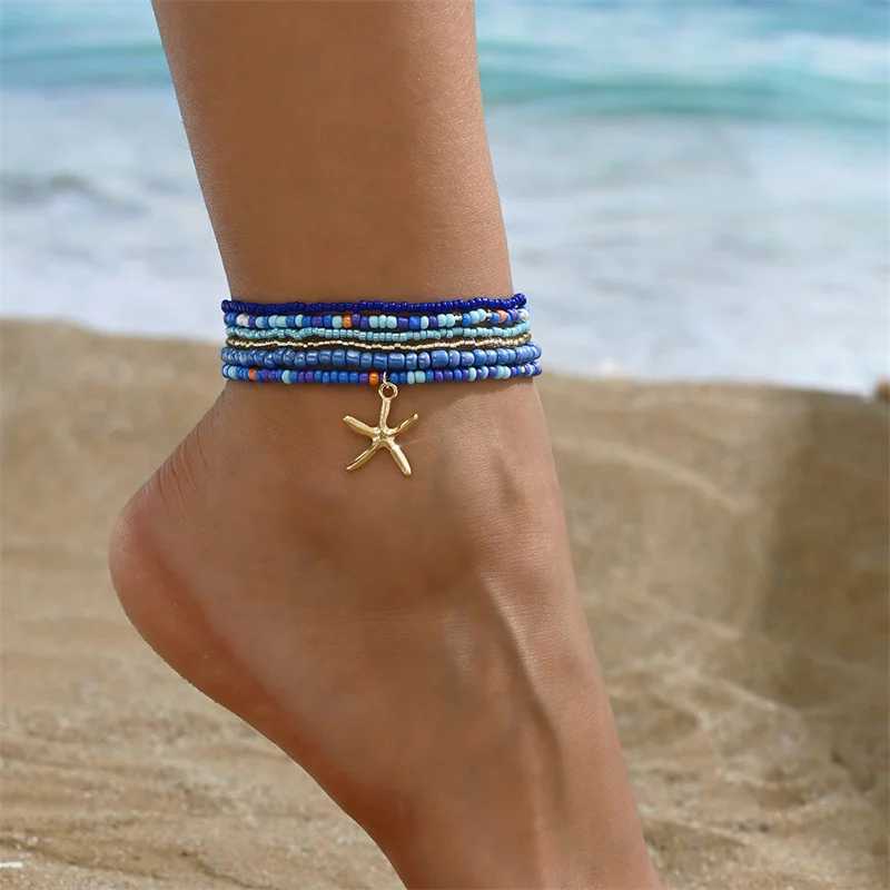 Colorful Starfish Pendant Rice Beads Beaded Anklet for Women Summer Fashion Multi-layer Bracelet Anklet Bohemian Leg Jewelry Y240920