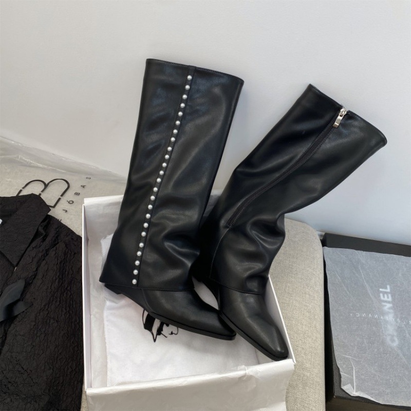 Eilyken Autumn Winter Cosy Pointed Toe Woman Knee-High Boots Slip-On Low Thin Heels Cowboy Ladies Shoes Botas De Mujer